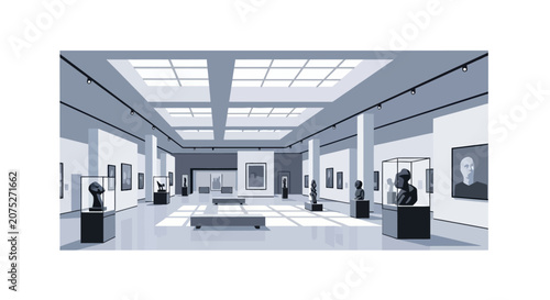 Foto Modern art museum interior with sculptures and paintings