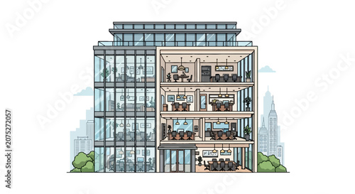 Fotografía Modern office building cutaway showing multiple floors and workspaces