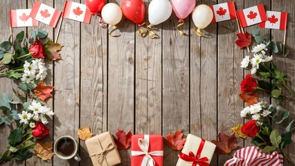 Canada Day Festive Frame With Flags Balloons Flowers And Gifts On Wooden Table canadian national