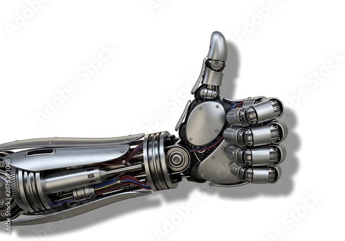 Metallic robot hand showing a thumbs up gesture for success and technology concept