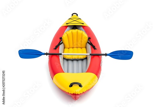 Red and yellow inflatable kayak with blue paddles viewed from above