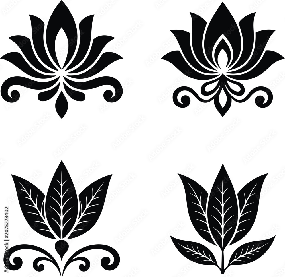 Obraz premium Elegant Lotus Leaf Floral Decorative Vector Ornament Set