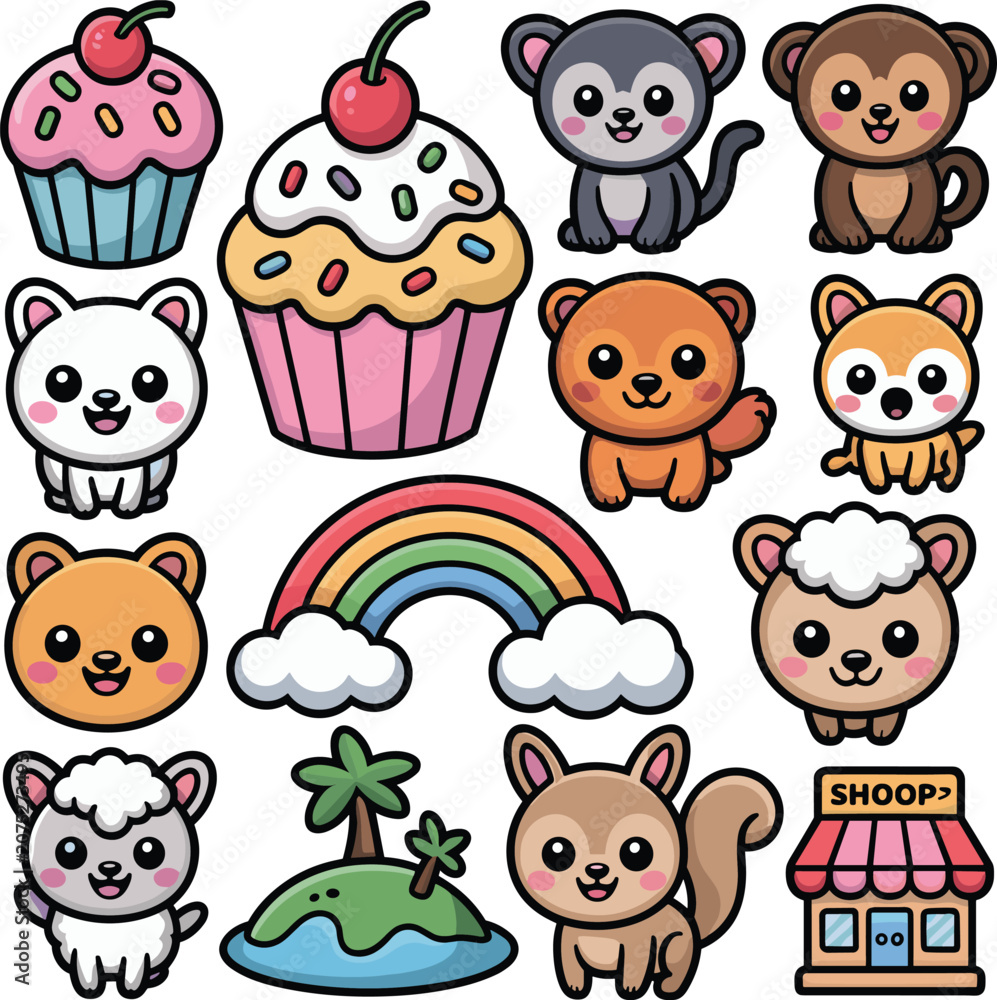 Fototapeta premium Set of animals and food vector on white background.