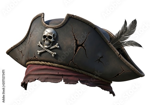 Black pirate hat with a skull and crossbones emblem and a decorative feather