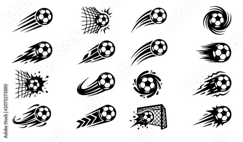 Soccer ball icon vector set with flying football motion and goal logo designs