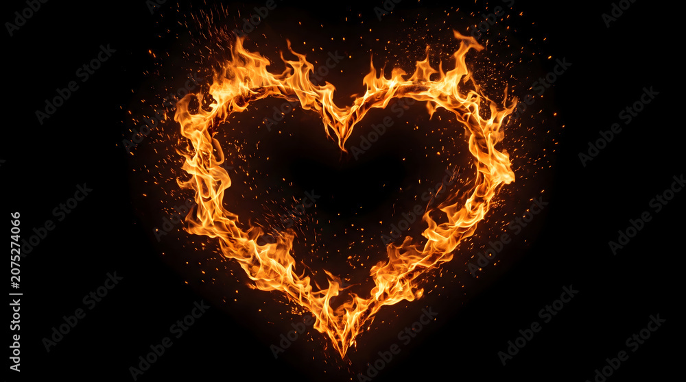 Fototapeta premium Burning Heart Shape Fire Flame Effect on Black Background
