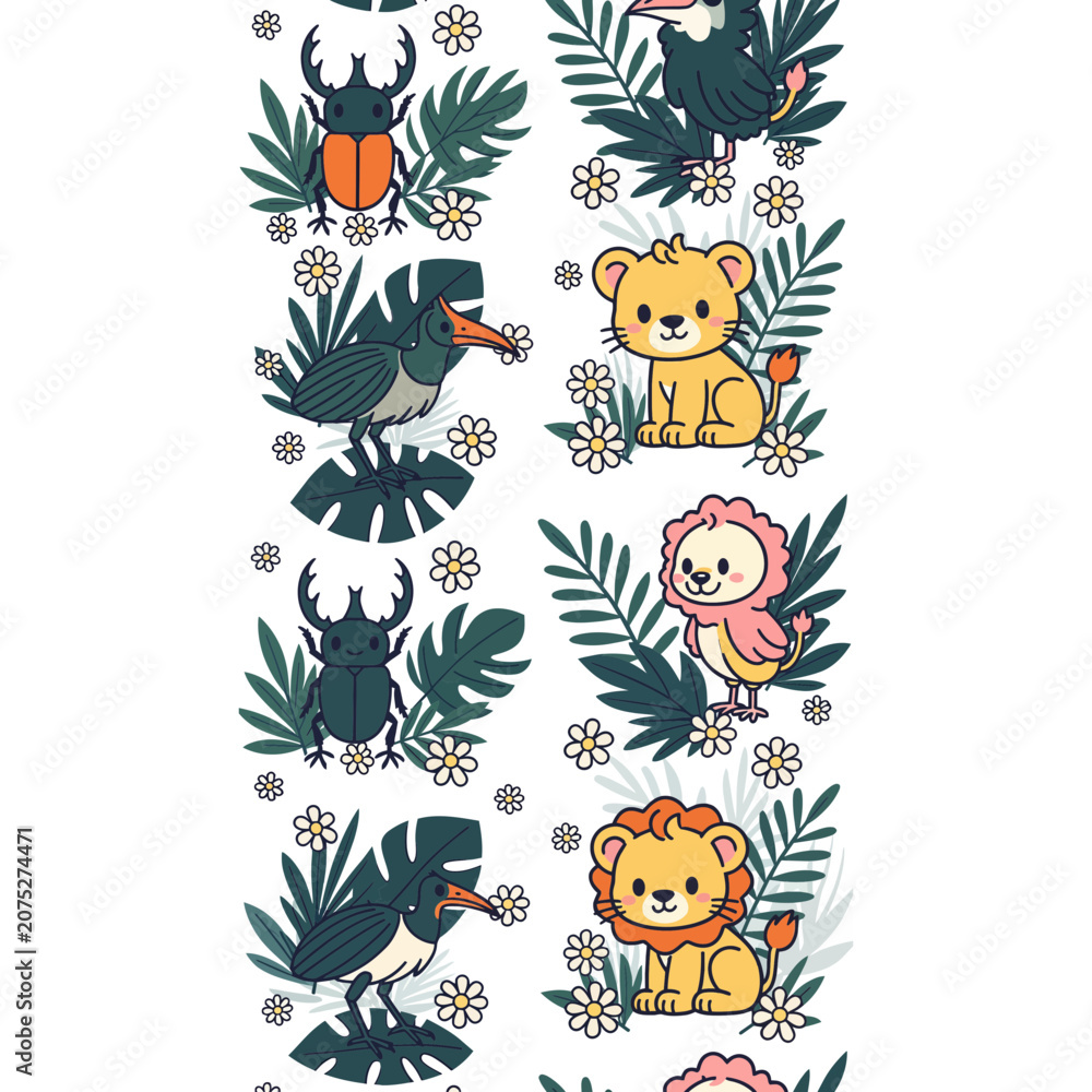 Fototapeta premium Cute cartoon jungle animals and insects seamless vector pattern