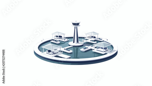 Schilderij op canvas A circular floating platform with a central tower and several small shaded struc