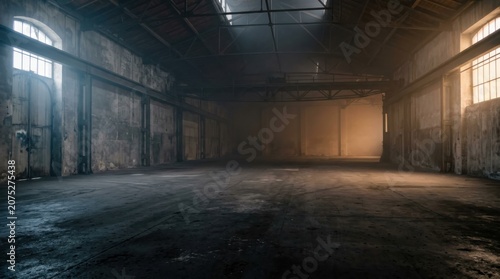 Empty abandoned warehouse interior for spooky Halloween horror scene.