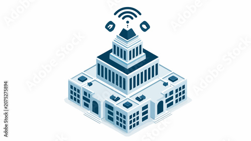 An isometric illustration of a smart building with wireless connectivity icons