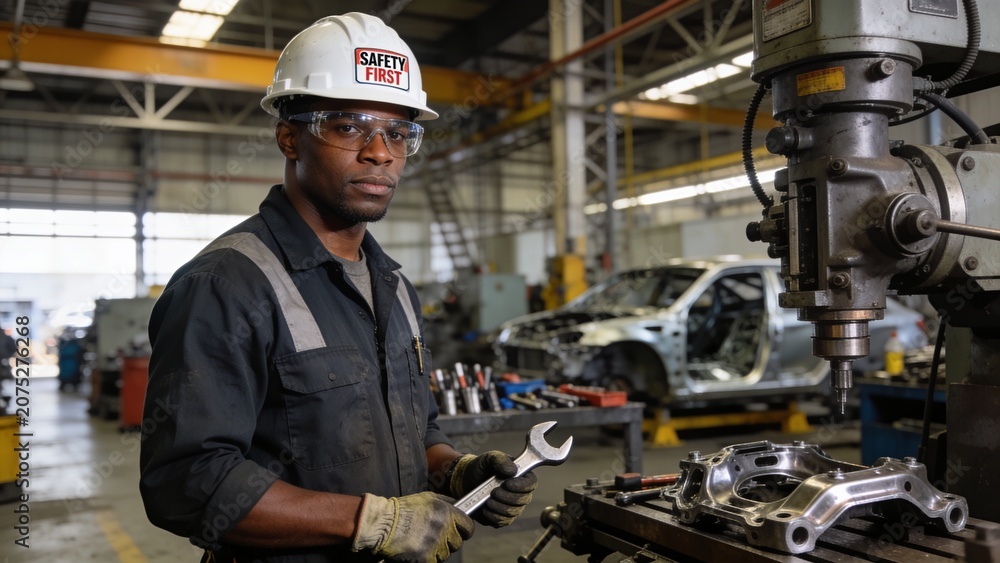 Fototapeta premium African American engineer working in heavy industry factory with safety equipment
