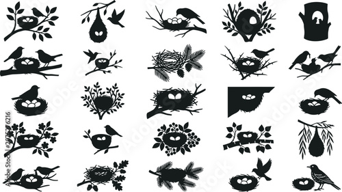 Fotografie Black silhouettes of birds, nests, and birdhouses on white background, bird silh