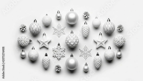 Elegant white christmas ornaments arranged in a symmetrical flat lay pattern on a minimalist clean background for festive holiday seasonal decorating
