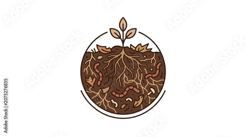 Circular illustration of plant roots and soil with a seedling growing.