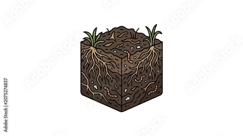 Cross section of soil with plant roots and green sprouts.