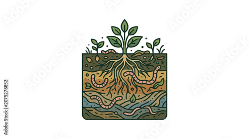 Illustration of plant roots growing in soil with worms.