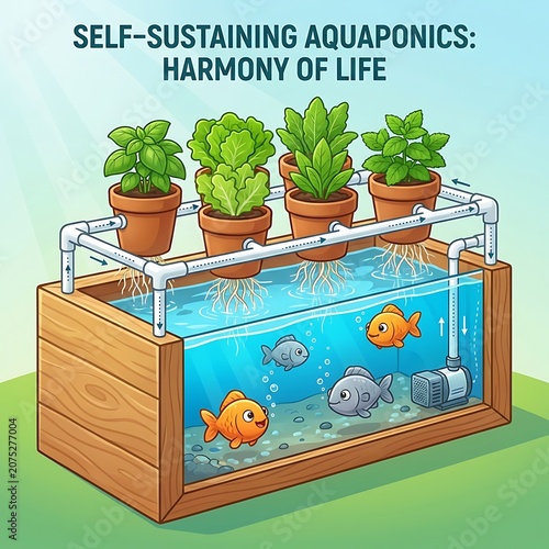 Illustration of self sustaining aquaponics system with fish and plants