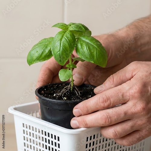 Person planting small basil seedling in black pot on white tray