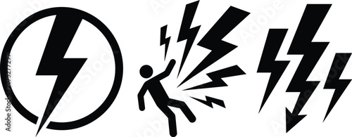 Schilderij op canvas High Voltage Electric Shock Danger Warning Vector Icon Set with Lightning Bolt S