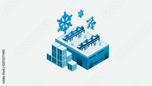 An isometric illustration of a cold storage facility with falling snowflakes
