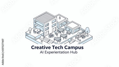 An isometric illustration of a modern office building with outdoor seating areas
