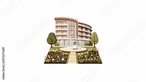 A modern apartment building with a charging station in the front garden area
