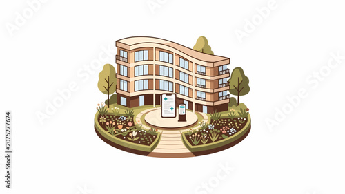 A modern medical facility building surrounded by a lush garden landscape