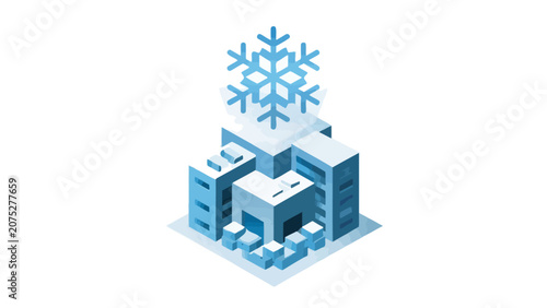 An isometric illustration of a cold storage facility with a large snowflake icon above