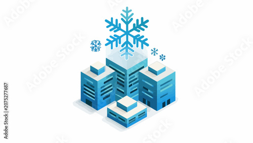 An isometric illustration of modern buildings covered in falling winter snowflakes