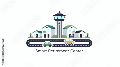 A flat vector illustration of a modern residential community with a central tower