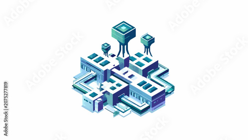 A futuristic isometric city complex with tall towers and interconnected pathways
