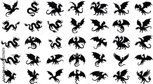 Εκτύπωση καμβά Black silhouettes of various dragons on white background, mythical creatures