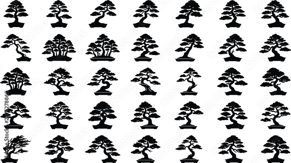Fototapeta premium Black silhouettes of various trees on white background, repeating pattern