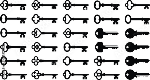 Tableau sur toile Collection of assorted black keys on white background, various shapes and sizes