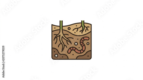 Принти на полотні Cross section of soil with plant roots and earthworm.