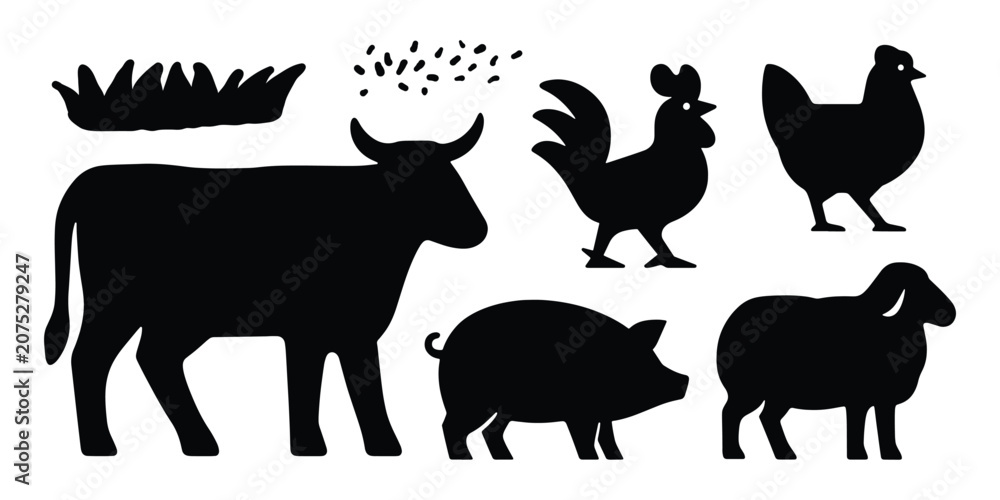 Fototapeta premium Silhouettes of farm animals, vector element set