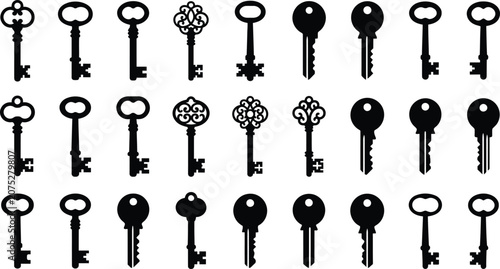 Canvastavla Collection of various black keys on white background, key collection, old keys a