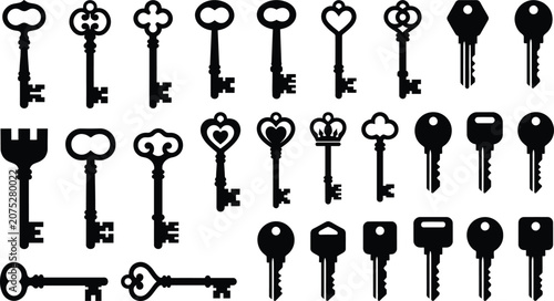 Fotografie Collection of various keys, including heart-shaped and skeleton keys, on white b