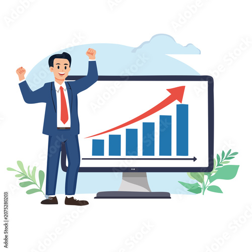 Businessman celebrating success with growth chart on monitor