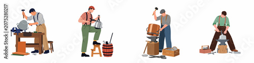 Valokuva Set of flat vector illustrations featuring traditional coppersmiths and tinsmiths hammering and shaping metal pots and pans in their workshops