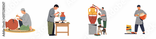 Fotografie Flat vector illustration set of craftspeople and conservators restoring ancient