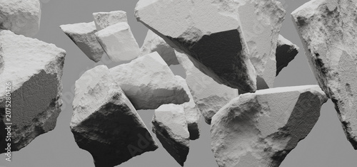Εκτύπωση καμβά Abstract 3d render of floating grey stones, realistic broken rock fragments and levitating debris on neutral background