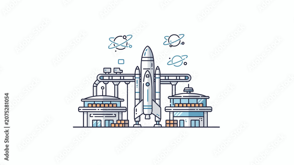 Fototapeta premium A stylized illustration of a space shuttle at a launch facility