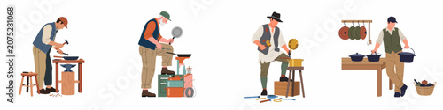 Cuadro en lienzo Set of male tinkers and metalworkers illustrations repairing and selling various kitchen pots and pans in their workshops on a white background