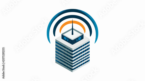 A modern office building with a wireless signal icon on a white background