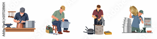Photos Set of illustrations depicting professional tinsmiths and craftsmen working on metal pots, pans, and basins in a traditional workshop setting