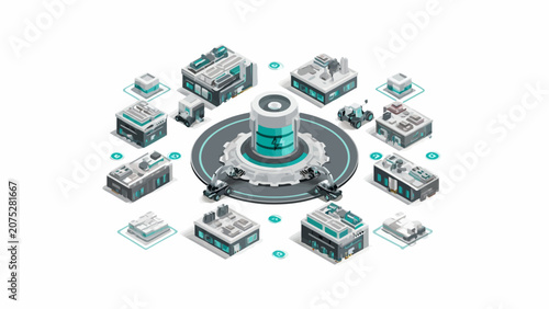 An isometric illustration of a central data hub connected to various digital buildings