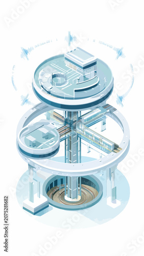 A futuristic circular structure with multiple levels and glowing light elements