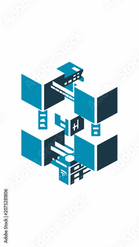 An abstract isometric composition featuring blue and dark geometric cube structures