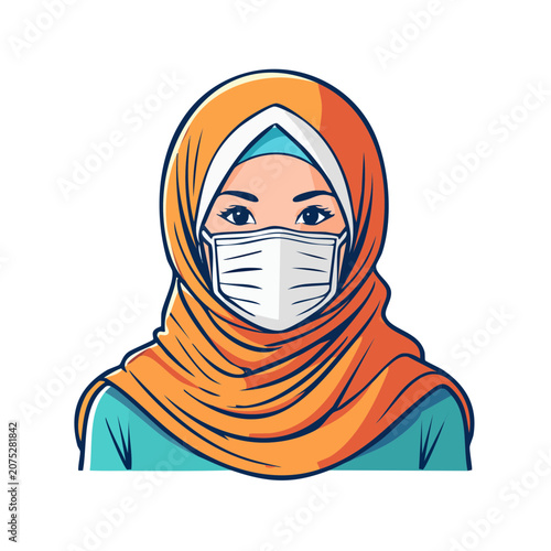 Woman wearing hijab and face mask, flat vector illustration